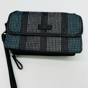 Vera Bradley Black and Teal Embroidered Striped Crossbody Wristlet NWOT
